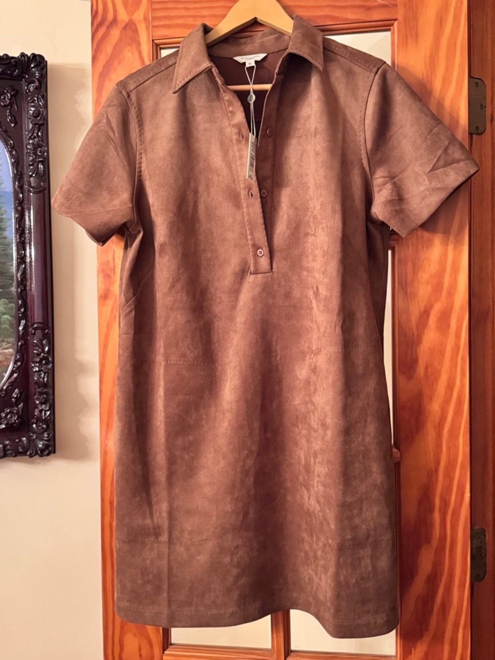 SALE! NWT Max Studio Brown Faux Suede-Look Short Sleeve Shift Dress
